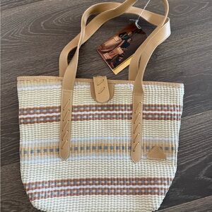 NWT! Striped Straw Tote Bag with Tan Trim - Women Bags